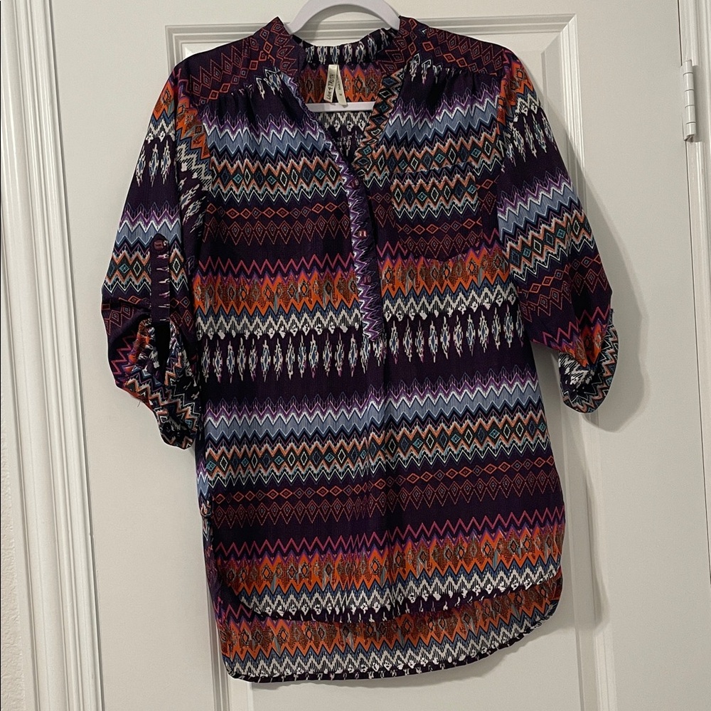 Live 4 Truth Purple Geo-Print Peasant Blouse with Orange & Blue Accents